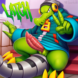 animal_genitalia animal_penis anthro beanie biped bottomless claws clothed clothing cybernetic_limb cybernetic_tail cybernetics electronics erection feet fingers genital_slit genitals gesture graffiti green_body green_scales hand_gesture hat headgear headphones headwear hoodie looking_at_viewer machine male male_anthro one_eye_closed penis prosthetic scales sitting slit solo tail tapering_penis telegram telegram_logo text topwear v_sign wink winking_at_viewer zipper sergalbutt lethal_league latch crocodile crocodilian crocodylid cyborg reptile scalie 1:1 director_name signature url