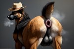 anus balls big_anus black_balls bodily_fluids breath breath_cloud butt clothing fedora feral fur genitals hat headgear headwear light looking_at_viewer looking_back male multicolored_body multicolored_fur outside photorealism photorealistic presenting presenting_anus puffy_anus raised_tail rear_view simple_background snout solo solo_focus sweat sweaty_balls sweaty_genitalia need_wiener_now canid canine canis domestic_dog german_shepherd herding_dog mammal pastoral_dog attempted_signature detailed hi_res lighting tagme