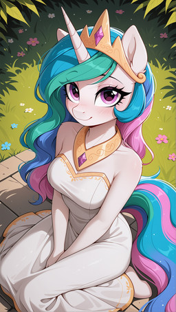 anthro blushing_at_viewer clothing crown dress eyelashes female fur horn jewelry mane necklace outside purple_body sitting sitting_on_ground smile smiling_at_viewer solo strapless_clothing strapless_dress tail white_body white_fur daren666 friendship_is_magic my_little_pony princess_celestia_(mlp) equid equine mammal unicorn absurd_res hi_res stable_diffusion