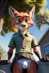 angry_puppy anthro bottomwear bowtie building bulge canid canine clothed clothing clothing_lift costume disney fox genital_outline green_eyes house leaning looking_at_viewer looking_down male mammal nick_wilde penis_outline plant police_uniform skirt skirt_lift smile smiling_at_viewer solo tree uniform zootopia