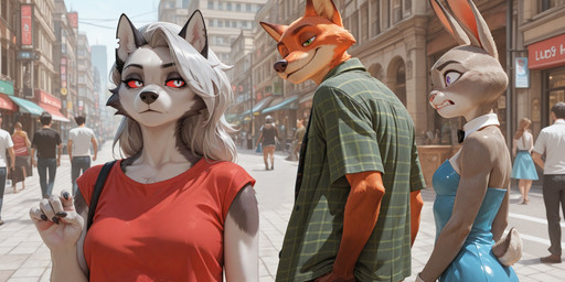 anthro black_nose blue_clothing bow_tie breasts city claws clothed clothing crossover detailed_background dress ear_piercing eyebrow_piercing facial_piercing female fingers fur grey_body grey_fur group hair looking_at_another male multicolored_body multicolored_fur orange_body orange_fur outside piercing red_sclera shirt smile street topwear two_tone_body two_tone_fur white_body white_fur nnam_si3 disney hellaverse helluva_boss meme_2026 zootopia judy_hopps loona_(helluva_boss) nick_wilde canid canid_demon canine demon fox hellhound lagomorph leporid mammal rabbit red_fox true_fox meme