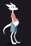 anthro black_background blue_bottomwear blue_clothing blue_shorts bottomwear clothing female minimalist nervous nervous_expression red_clothing red_shirt red_topwear shirt shorts simple_background simple_eyes solo topwear white_body synaker kobold 2025 colored hi_res shaded simple_shading