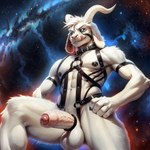 accessory anthro asriel_dreemurr asriel_dreemurr_(god_form) athletic black_collar black_nipples black_sclera bodily_fluids bovid caprine cock_ring collar dominant erection foreskin genital_fluids genitals glowing glowing_body hair hand_on_hip harness hi_res horn humanoid_genitalia humanoid_penis jewelry leaking_precum licking licking_lips low-angle_view male mammal nipple_piercing nipples penis penis_accessory penis_jewelry piercing precum presenting presenting_penis pupils rayden solo space tight_foreskin tongue tongue_out vein veiny_penis white_body white_hair white_pupils