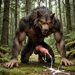 5_fingers abs animal_genitalia animal_penis anthro big_penis black_nose bodily_fluids brown_body brown_fur canine_genitalia canine_penis claws cum cum_on_ground cum_shot fangs fingers forest fur genital_fluids genitals kneeling knot male muscular open_mouth penis plant sharp_teeth solo teeth tree vein veiny_penis yellow_eyes footlover95 canid canine mammal werecanid werecanine werecreature werewolf hi_res