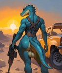 anthro balls butt car fallout genitals gun gynomorph harness intersex leather muscular ranged_weapon rear_view rifle saggy_balls small_waist solo solo_gynomorph sunset teeth vehicle weapon wide_hips yellow_eyes gemuseachmed crocodilian reptile scalie absurd_res hi_res