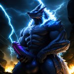 absurd_res anthro balls blue_body blue_eyes body_hair canid canine chest_hair chest_tuft fanged_wyvern genitals hi_res humanoid_genitalia humanoid_penis lightning male mammal masturbation monster_hunter night night_sky pecs penis pup_tobey solo tuft zinogre