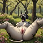 anthro breasts canid canine canis director_cougar domestic_dog female fur genitals great_dane lying mammal mastiff molosser nipples on_back open_mouth open_pussy pussy solo spread_legs spreading tail yellow_eyes