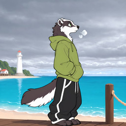 anthro baggy_clothing barefoot breath clothed clothing cloud cloudy day feet frown fully_clothed fur green_eyes grey_body grey_fur hand_in_pocket hoodie lighthouse looking_up male multicolored_body multicolored_fur pier plantigrade pockets sea seaside side_view solo standing sweatpants topwear two_tone_body two_tone_fur water white_body white_fur promagentis badger mammal mustelid musteline full-length_portrait hi_res portrait