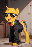 black_clothing black_eyewear black_hoodie black_sunglasses black_topwear clothing door eyewear feral fur hoodie horn inside male multicolored_scarf multicolored_tail open_mouth pantsless pixel_sunglasses pony_ears rainbow_scarf rainbow_tail scarf smile solo standing sunglasses tail teeth topwear xmattar yellow_body yellow_fur yellow_skin my_little_pony equid equine horse mammal pony unicorn 2025 hi_res