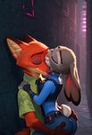 alley aloha_shirt anthro belt blep bottomwear butt butt_grab claws clothed clothing cuddling dipstick_ears disney duo ears_down embrace eyes_closed female fully_clothed fur grey_body grey_fur hand_on_butt hand_on_shoulder hug kissing licking long_ears male male/female multicolored_ears nuzzling orange_body orange_fur outside passionate pattern_clothing pattern_shirt pattern_topwear pivoted_ears police police_uniform predator/prey shirt short_tail size_difference smile tongue tongue_out topwear uniform vest foxenthusiast zootopia judy_hopps nick_wilde canid canine fox lagomorph leporid mammal rabbit red_fox absurd_res hi_res