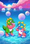 ambiguous_gender anthro biped blue_body brother brothers bubble claws cloud detailed_background duo green_body mythology open_mouth outside sea sibling sky smile sunset synthwave tail teeth text twins water sergalbutt bubble_bobble bob_(bubble_bobble) bub_(bubble_bobble) bubble_dragon dragon mythological_creature mythological_scalie reptile scalie hi_res signature url