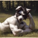 anthro bedroom_eyes border_collie canid canine canis collie domestic_dog forest forest_background herding_dog hyper_realistic_ai male mammal narrowed_eyes nature nature_background pastoral_dog plant seductive sheepdog small_waist solo tree