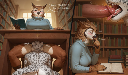 anthro big_breasts blue_clothing blush bodily_fluids book bottomless breasts brown_body brown_feathers clothed clothing countershading cum cumshot cumshot_in_mouth cutaway ejaculation eyes_closed feathers foreskin fur gagging genital_fluids genitals grey_body grey_fur gynomorph gynomorph/male gynomorph_penetrating gynomorph_penetrating_male intersex intersex/male intersex_penetrating intersex_penetrating_male library male male_penetrated nervous nude oral orgasm orgasm_face penetration penis profanity reading reading_book retracted_foreskin sex shaking sitting spots stealth_sex sweater text thick_penis thought_bubble topwear trembling turtleneck under_table vbs avian bird felid mammal owl pantherine snow_leopard absurd_res english_text hi_res