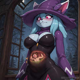 accident anthro blue_body blue_eyes blue_fur blush bodily_fluids breasts brown_hair clothed clothed/nude clothed_female clothed_female_nude_male clothing cloud cloudy dark_background dress duo eyelashes fangs female fluffy foggy front_view fur furgonomic furgonomic_headwear hair hat headgear headwear inside_stomach larger_anthro larger_female long_eyelashes long_sleeves low-angle_view male male/female medium_shot moon night nose nude partially_submerged plant pupils purple_clothing purple_eyes scared shrinking size_difference size_transformation sleeves smaller_human smaller_male standing star stomach_acid struggling struggling_prey sweater teeth text topwear transformation tree turtleneck unwilling_prey vore vore_belly wide_eyed window witch_hat worried x-ray_view sheishfed palworld human katress mammal pal_(species) english_text hi_res story story_in_description