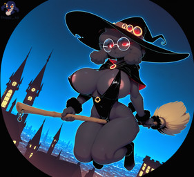anthro areola areola_slip big_breasts breasts broom broom_riding city cleaning_tool clothing curvy_figure eyewear female flying fur glasses hair nipples solo wide_hips witch_clothes doggyai canid canine canis domestic_dog mammal poodle hi_res