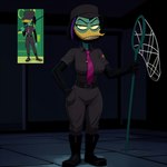 anatid anseriform anthro armwear avian bags_under_eyes beak belt bird black_clothing black_hair boots bottomwear breasts clothing cloud9999 disney dress_shirt duck ducktales ducktales_(2017) elbow_gloves eyeliner female footwear full-length_portrait gloves green_body green_skin hair hand_in_pocket handwear hat headgear headwear hi_res highlights_(coloring) holding_object magica_de_spell makeup narrowed_eyes necktie net pants pockets portrait reference_image shirt shirt_collar short_sleeves simple_background solo teeth topwear yellow_eyes