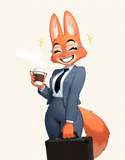 4_fingers beverage black_lips bottomwear breasts business_suit claws clothed clothing coffee container cup eyebrows eyelashes eyes_closed eyewear female fingers fully_clothed fur glasses grin happy holding_object inner_ear_fluff lips necktie orange_body orange_fur pants pink_nose shirt simple_background smile solo steam suit suitcase tail teeth topwear tuft white_background hank94_(director) the_bad_guys diane_foxington canid canine fox mammal hi_res