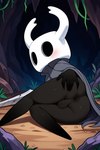 anus backsack balls black_anus black_body blush butt cave cloak_only dirt eyeless genitals hand_on_butt horn looking_at_viewer lying lying_on_side male mask on_side plant presenting presenting_hindquarters rear_view short_stack solo voidfly_(director) hollow_knight the_knight_(hollow_knight) prompt_metainfo