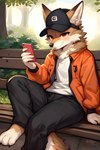 anthro black_clothing clothed clothing fur hair hat headgear headwear male nature orange_clothing orange_eyes phone shirt sitting smile solo solo_focus t-shirt topwear white_body white_fur nikfur canid canine fox mammal tail absurd_res hi_res