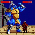 absurd_res anthro balls belly digital_media_(artwork) duo flexing gameplay_mechanics genitals hi_res male male/male musclegut muscular muscular_male pecs penis pixel_(artwork) pixelated pup_tobey retro scalie size_difference