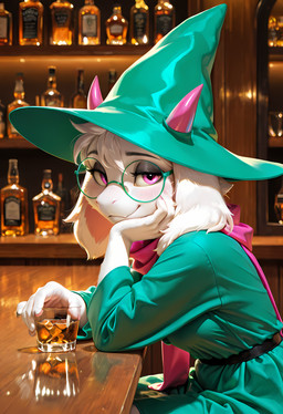 alcohol anthro beverage clothing eyewear female glasses hat headgear headwear horn scarf smile solo whiskey witch_hat deltarune undertale_(series) ralsei bovid caprine goat mammal absurd_res hi_res
