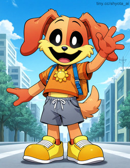 4_fingers age_difference anthro clothing fingers footwear fur male multicolored_body multicolored_fur orange_clothing shoes sneakers solo young young_anthro younger_male mob_entertainment poppy_playtime smiling_critters dogday_(poppy_playtime) canid canine canis domestic_dog mammal hi_res