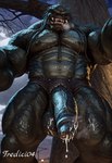 balls black_body bodily_fluids cum genital_fluids genitals imminent_sex looking_at_viewer male muscular penis sharp_teeth size_difference solo teeth vein tredici04 humanoid yautja big_(disambiguation) hi_res