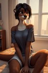 anthro baggy_clothing bedroom black_hair bottomwear brown_eyes clothing curtains dark_brown_fur female hair round_ears shorts sitting solo window hellapoc deni lutrine mammal mustelid