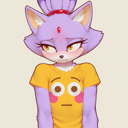 anthro blush clothing emoji eyelashes female flat_chested fur looking_aside purple_body purple_fur shirt simple_background solo topwear yellow_eyes zaddha sega sonic_the_hedgehog_(series) blaze_the_cat domestic_cat felid feline felis mammal hi_res