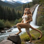 anthro digitigrade female forest hair hand_on_hip long_hair looking_at_viewer mountains nude plant ponyrealism_(model) pose red_hair river rock smile solo standing tree waterfall director_crashbandit cougar felid feline mammal pantherine