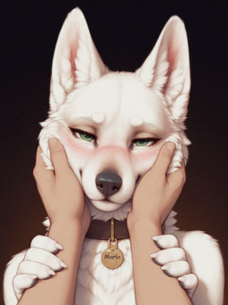 anthro bedroom_eyes black_nose blush blush_lines blushing_profusely cheek_tuft chest_tuft clawed_hands claws close-up clothing collar collar_tag ear_tuft eyebrows facial_tuft female fingerpads fluffy_fur fur gold_(metal) gradient_background green_eyes half-closed_eyes head_tuft holding_arm holding_head human_hands inner_ear_fluff narrowed_eyes neck_tuft pawpads scratching seductive shoulder_tuft simple_background solo text text_on_clothing touching_face tuft white_body white_claws white_fur knotanotherfurry berger_blanc_suisse canid canine canis domestic_dog herding_dog human mammal pastoral_dog 2025 hi_res
