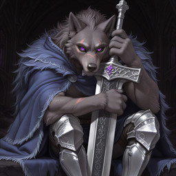 anthro armor cloak clothing facial_scar fur glowing glowing_eyes great_sword greaves looking_at_viewer male muscular muscular_male night ruins scar scars_all_over sitting_on_ground solo cellz55 elden_ring fromsoftware blaidd_(elden_ring) canid canine canis mammal wolf hi_res