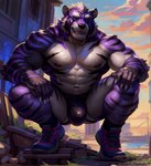 abs anthro black_arms black_nose black_sclera black_stripes blue_eyes bulge clothed clothing eyebrows fangs footwear fur hair jockstrap jockstrap_only male muscular muscular_anthro muscular_arms muscular_legs muscular_male muscular_thighs night nipples pecs purple_body purple_fur shirt shoes sitting sitting_on_ground sneakers solo stripes topwear underwear underwear_only white_eyebrows white_hair mugen_kuuhakuai mugen_kuuhaku felid mammal pantherine tiger hi_res