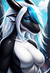 anthro black_body blue_eyes blush breasts female hair highlights_(coloring) horn looking_at_viewer non-mammal_breasts nude scales solo white_body white_hair butchcinder cetacean delphinoid dragon hybrid mammal marine oceanic_dolphin orca scalie toothed_whale