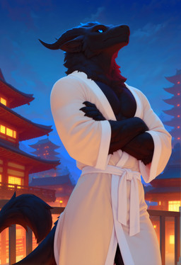 5_fingers abs anthro athletic bathrobe_only black_body black_claws black_fur black_horn black_mane black_scales black_sclera blue_eyes blue_sky claws crossed_arms detailed_background east_asian_architecture fingers fur horn inner_ear_fluff light looking_away looking_up low-angle_view male mane muscular mythology neutral_expression night outside pecs ridged_horn scales sky solo tail tail_tuft tuft village white_bathrobe adragocult tharak_(anotheranon) dragon furred_dragon furred_scalie mythological_creature mythological_scalie scalie absurd_res hi_res