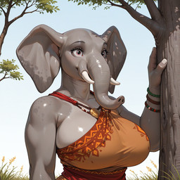africa anthro closed_smile clothed clothing eyelashes female fully_clothed fully_clothed_female grey_body grey_skin jewelry looking_aside mouth_closed orange_clothing plant proboscis_(anatomy) smile solo tree trunk_(anatomy) tusks wide_eyed wristband jacksjilled elephant elephantid mammal proboscidean hi_res