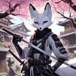 anthro cherry_blossom cherry_blossom_tree cherry_tree clothing dall-e_3 day detailed_background front_view fruit_tree fur holding_object holding_sword holding_weapon japanese_architecture katana looking_at_viewer male melee_weapon outside pink_eyes plant sculpture solo statue sword techwear tree weapon white_body white_clothing white_fur lucifluffy wilek canid canine fennec fox mammal portrait three-quarter_portrait