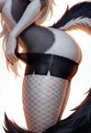 anthro bottomwear breasts butt claws clothed clothing clothing_pull faceless_character female fishnet fishnet_legwear from_side fur grey_body grey_fur legwear medium_breasts raised_tail shorts simple_background solo standing topless white_background white_body white_fur ayo_keito helluva_boss loona_(helluva_boss) canid canid_demon demon hellhound mammal absurd_res hi_res