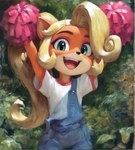 anthro blonde_hair clothing female green_eyes hair leaf long_hair looking_at_viewer open_mouth open_smile overalls pom_poms smile solo anonymous_director crash_bandicoot_(series) coco_bandicoot mammal marsupial hi_res