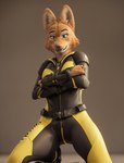 anthro canid canine clothing crossed_arms diane_foxington female fox hi_res kneeling looking_at_viewer mammal solo suit