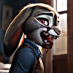 anthro blood bodily_fluids female fur hi_res hornybunny indigo indigo_furry_mix_v95_realistic judy_hopps lagomorph leporid mammal open_mouth rabbit red_eyes solo teeth zootopia