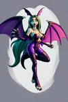 anthro bat_wings big_breasts boots breasts clothed clothing cosplay female footwear fur green_eyes green_hair hair head_wings leather leather_boots leather_clothing leather_footwear long_hair looking_at_viewer membrane_(anatomy) membranous_wings smile solo tongue tongue_out video_games white_body wings harmfulpilot capcom darkstalkers morrigan_aensland dragon reptile scalie 2:3 absurd_res hi_res portrait