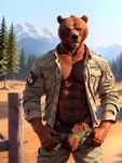 abs absurd_res anthro balls bumblebee95 clothing detailed detailed_background detailed_fur genitals hand_in_pocket hi_res jewelry looking_at_viewer male mammal military_uniform mostly_nude muscular necklace pecs pockets realistic solo standing uniform ursid