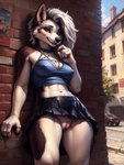 anthro bottomwear canid canid_demon canine canis cattorihanzo clothing demon female genitals hair hellhound hi_res looking_at_viewer loona_(helluva_boss) mammal nipple_outline outside pussy skirt smile solo stable_diffusion wolf