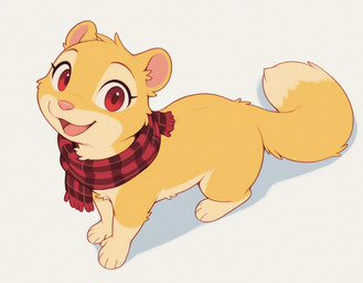 countershading female feral fur looking_at_viewer mostly_nude open_mouth plaid red_eyes scarf scarf_only solo yellow_body yellow_fur verbotenvertex mila_minx mammal mink mustelid musteline true_musteline hi_res
