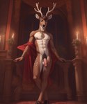 anthro antlers black_nose brown_body candle deer_ears deer_nose detailed_background fur genitals gold_(metal) gold_jewelry horn humanoid_genitalia humanoid_penis jewelry looking_at_viewer male night night_sky nipples penis pink_nipples pink_penis plant pose presenting presenting_penis pubes solo spots spotted_body spotted_fur white_body white_fur window jackson_maxston_(director) cervid mammal hi_res