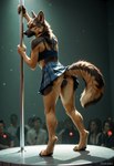 animal_genitalia animal_pussy anthro bottomwear canine_genitalia canine_pussy clothed clothing clothing_lift dancing female genitals pole pole_dancing pussy skirt skirt_lift solo red_(director) canid canine canis domestic_dog german_shepherd herding_dog mammal pastoral_dog attempted_signature hi_res