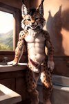 animal_genitalia animal_penis anthro balls bathroom black_hair erection felid feline feline_penis genitals hair hi_res looking_at_viewer lynx male mammal nightdancer nude penile_spines penis short_hair solo