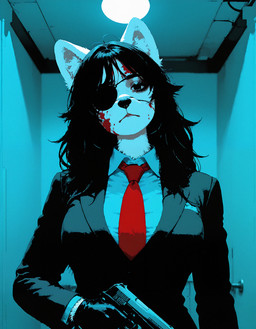 black_clothing black_hair black_nose blood blood_on_clothing blood_on_face bodily_fluids breasts clothed clothing expressionless eye_patch eyewear female front_view fur gloves gun hair handgun handwear holding_gun holding_object holding_weapon inside kemono long_hair looking_at_viewer necktie pistol ranged_weapon shirt solo suit topwear weapon white_body white_fur unknown_director canid canine canis domestic_dog mammal wolf half-length_portrait portrait restricted_palette