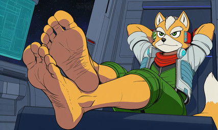 5_toes anthro barefoot biped clothed clothing feet foot_focus fur green_clothing green_eyes hands_behind_head humanoid_feet jacket male male_anthro plantigrade sitting soles solo telegram telegram_logo text toes topwear wrinkled_feet wrinkles sergalbutt nintendo star_fox fox_mccloud canid canine fox mammal 5:3 director_name hi_res signature url